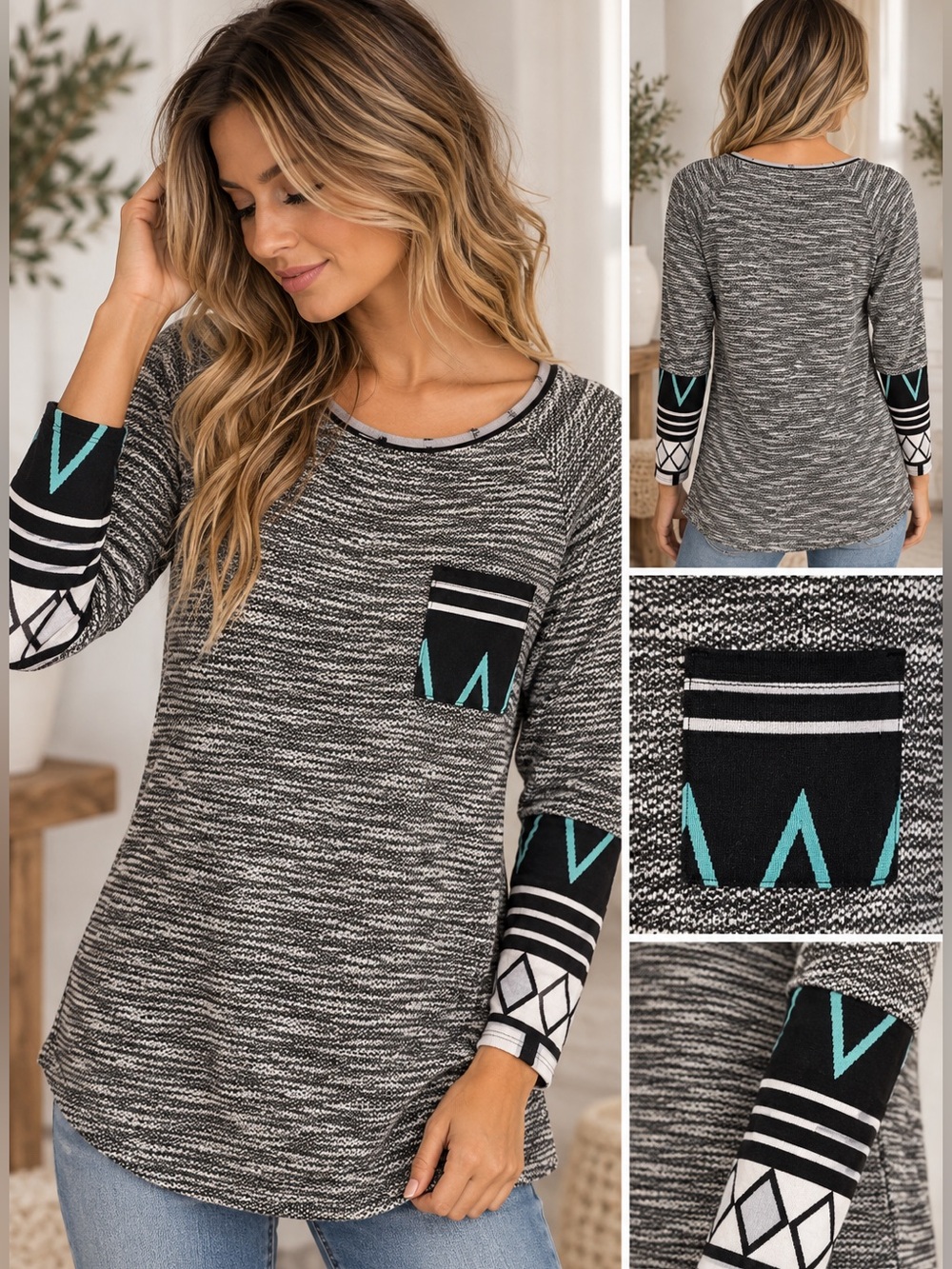 Boutique Marled Scoop-Neck Knit Sweater with Accent Pocket & Cuffs, Small